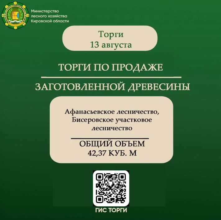 Министерство лесного хозяйства Кировской области информирует о проведении торгов по реализации древесины, полученной при использовании лесов на землях лесного фонда, в соответствии со статьями 43 - 46 Лесного кодекса...