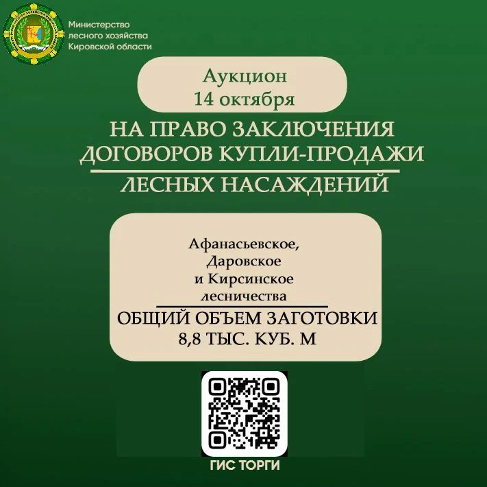 Министерство лесного хозяйства Кировской области приглашает субъекты малого и среднего предпринимательства принять участие в аукционе на право заключения договоров купли-продажи лесных насаждений, который состоится 14...